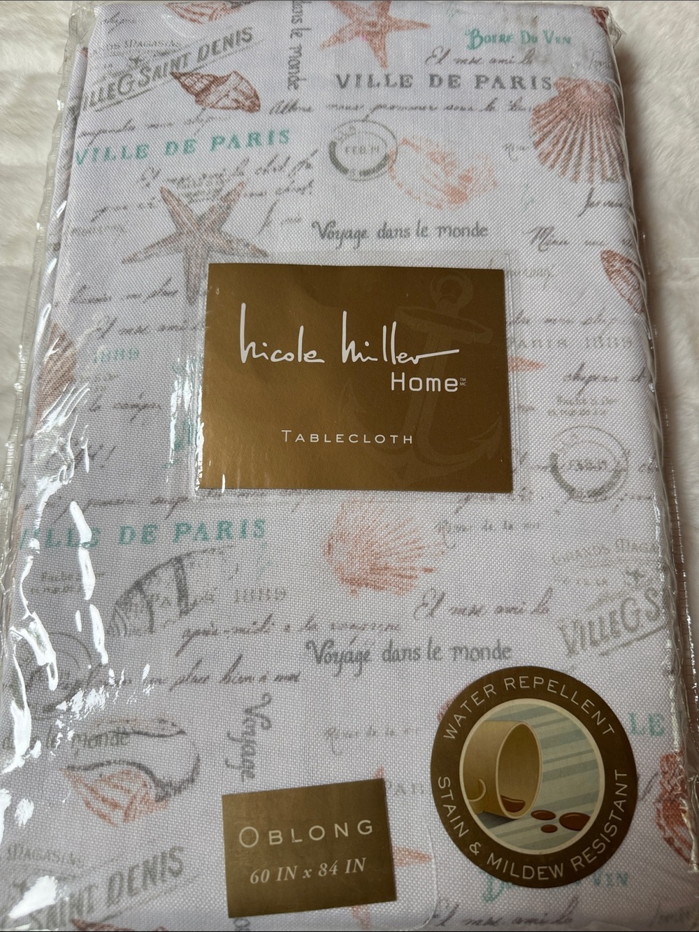 Nicole Miller Home Nautical Script Tablecloth - White with Coral & Teal Accents